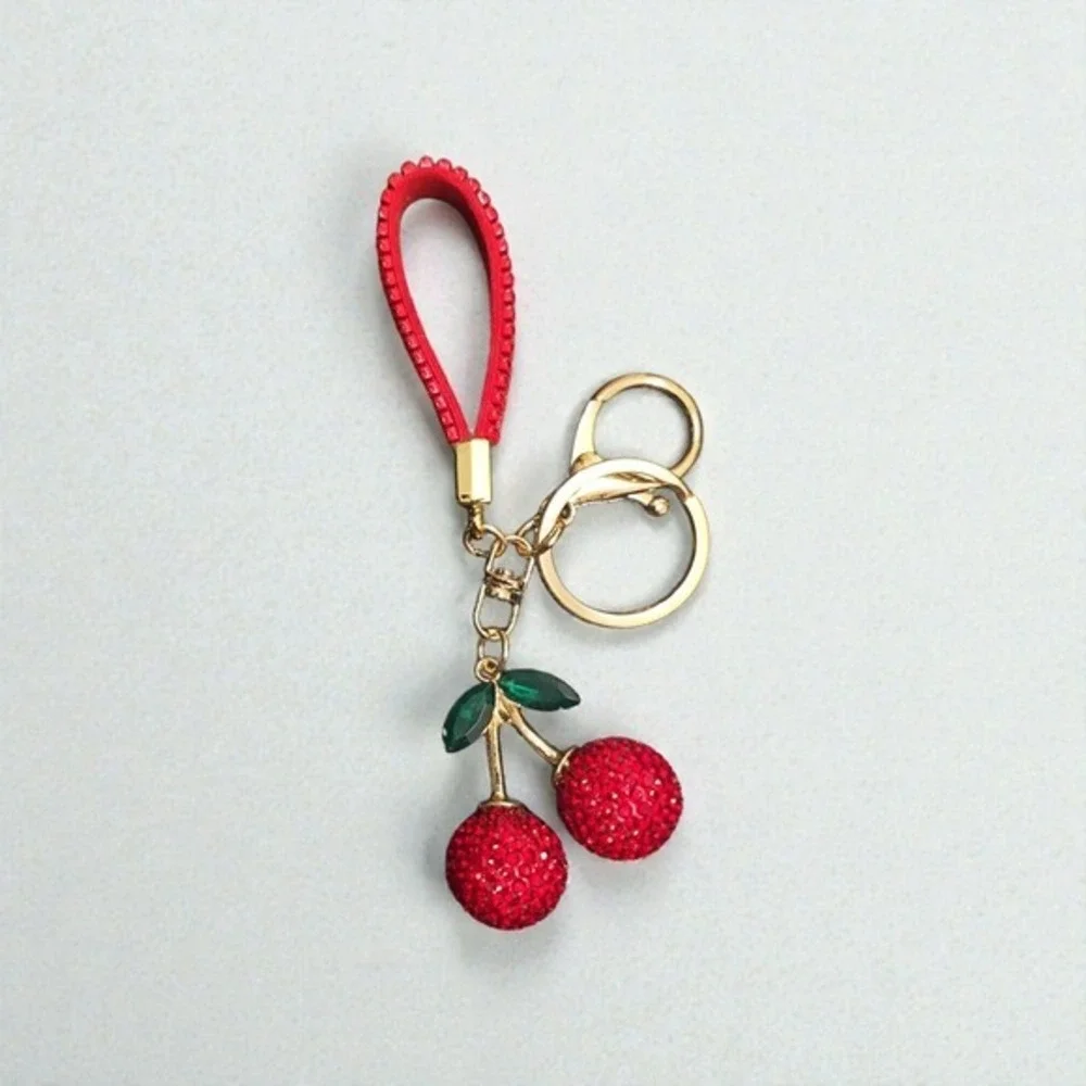 Sparkling Cherry Keychain Rhinestone Red Pouch‎ Bag Charm Gold Tone